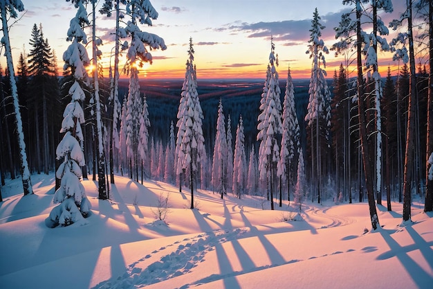 Paisaje nevado Sol asomándose entre los árboles altos Paisaje nevado