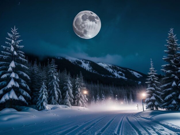 Paisaje nevado súper realista de medianoche con pinos y montañas con luna llena en el cielo