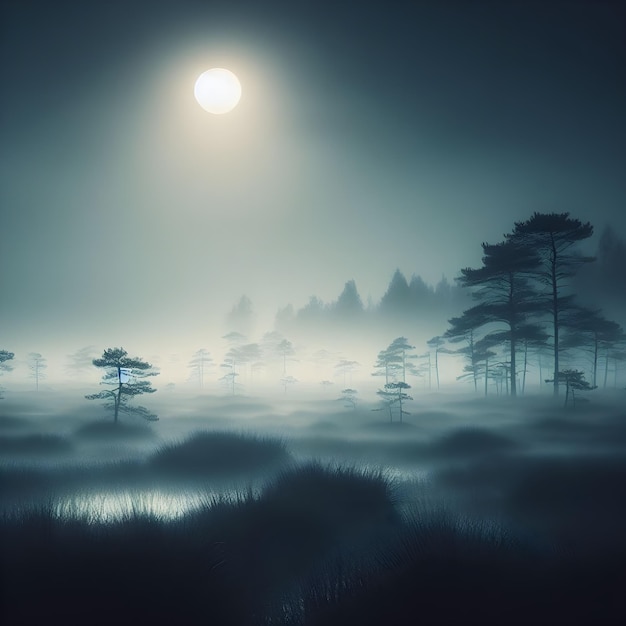 Paisaje en la niebla en la noche oscura