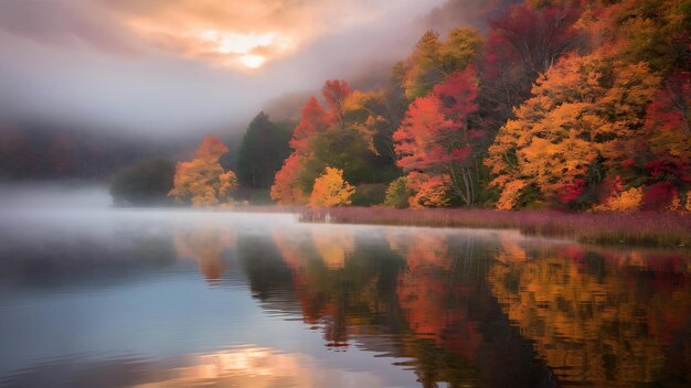 Paisaje de niebla de otoño en el lago