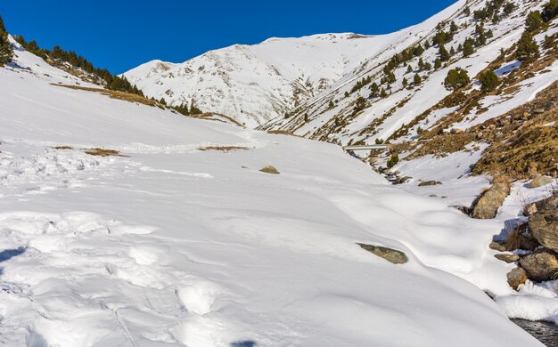 Paisaje con nieve y ríos en los Pirineos.