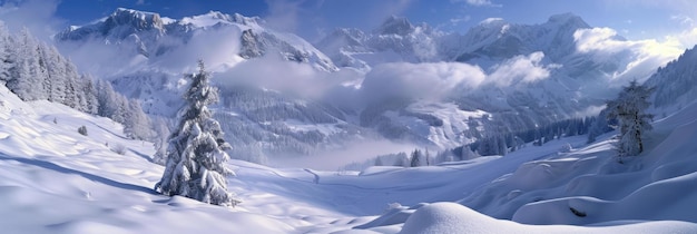 Paisaje de nieve Vista panorámica de invierno de un valle cubierto de nieve en la cordillera alpina