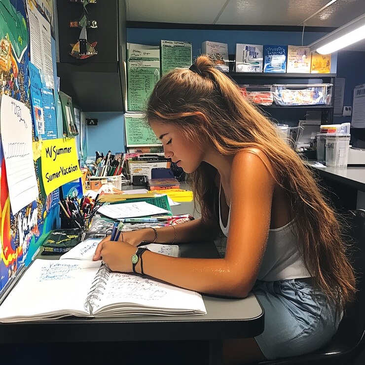 Foto paisaje de una niña escribiendo
