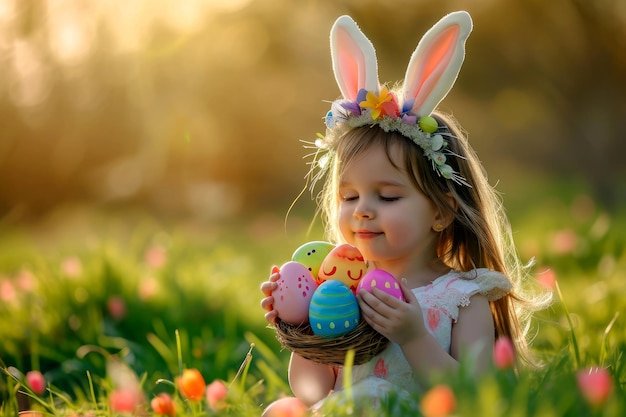 Paisaje con una niña sosteniendo huevos de Pascua Búsqueda de huevos de Pascua IA generativa