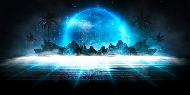 Paisaje nocturno abstracto de fantasía futurista con brillo de la luz de la luna de la isla