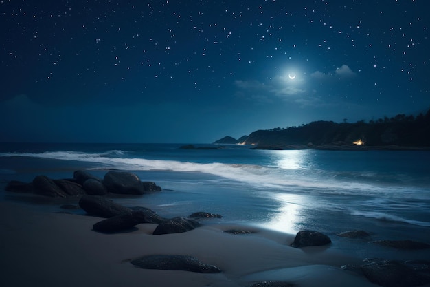 Paisaje nocturno brillante junto al mar en luna llena ai generativo