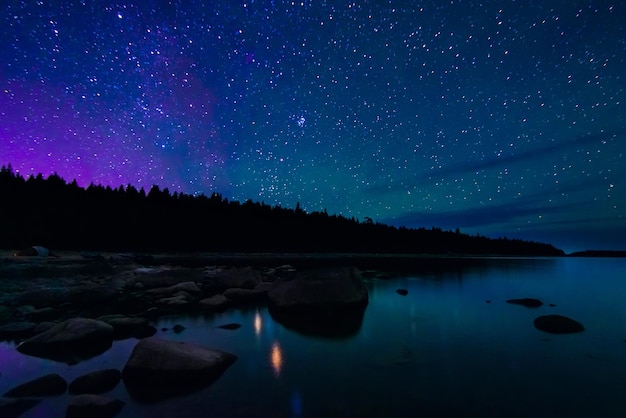 Paisaje nocturno con cielo estrellado y vía láctea sobre el agua de un lago