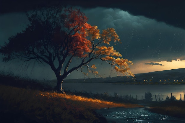 Paisaje nocturno con cielo oscuro y caída de hojas de otoño creado con ai generativo