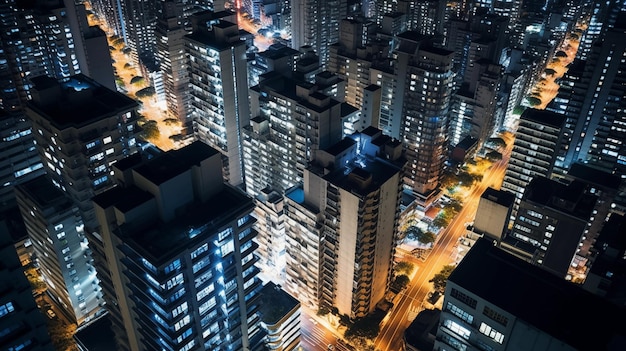 Paisaje nocturno de la ciudad vista superior de rascacielos y carreteras Formato horizontal