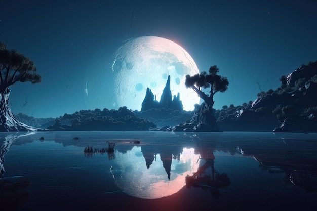 Paisaje nocturno de fantasía futurista con paisaje abstracto e isla a la luz de la luna generado por IA