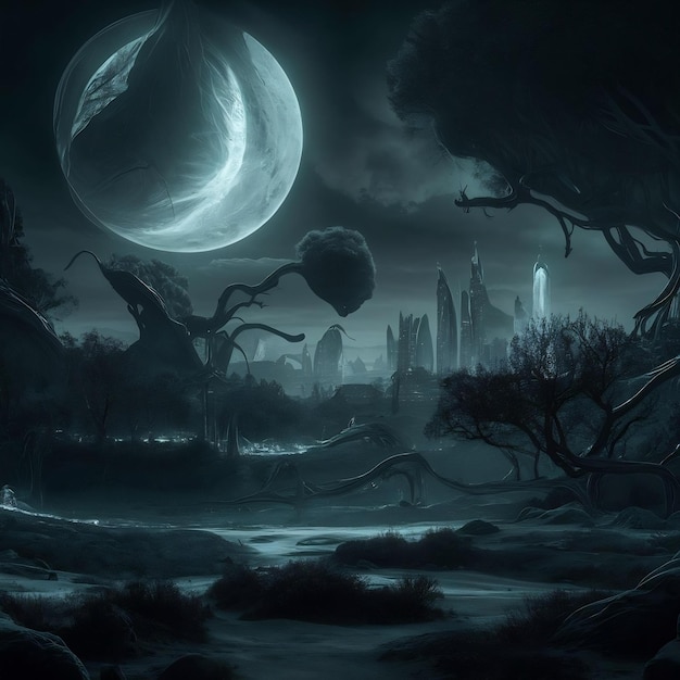 Paisaje nocturno de fantasía futurista con paisaje abstracto luz de la luna brilla escena natural oscura
