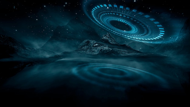 Paisaje nocturno de fantasía futurista con reflejo de luz en el agua. Ilustración 3D del portal de la galaxia espacial de neón