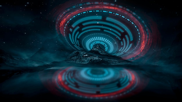 Paisaje nocturno de fantasía futurista con reflejo de luz en el agua. Ilustración 3D del portal de la galaxia espacial de neón