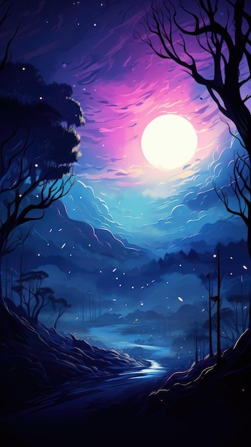 Paisaje nocturno de fantasía con ilustración de bosque y río de luna llena IA generativa