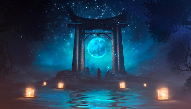 Paisaje nocturno de fantasía con silueta de samurai de la puerta torii