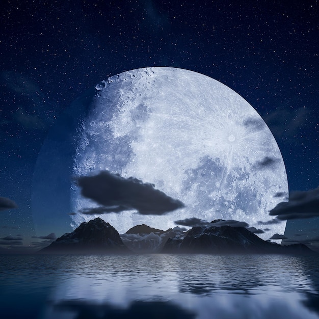 Paisaje nocturno de fondo. El cielo nocturno, la luna llena. Reflejo de la luna en el agua.