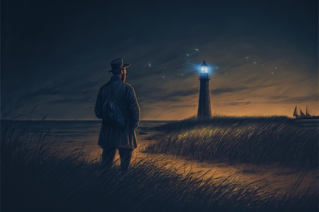 Paisaje nocturno de un hombre con linterna mágica de pie en el campo mirando el concepto de fantasía de pintura de ilustración de estilo de arte digital de naufragio de un hombre con linterna mágica