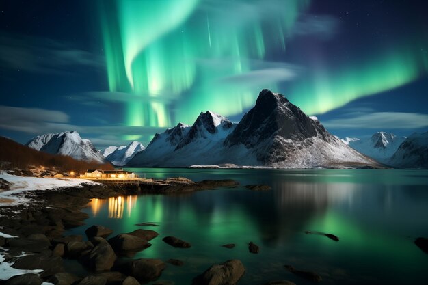 Paisaje nocturno de invierno con aurora playa de rocas altas