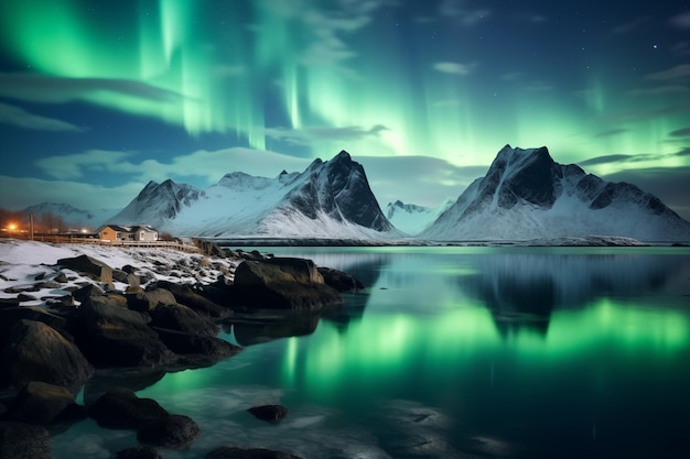 Paisaje nocturno de invierno con aurora playa de rocas altas