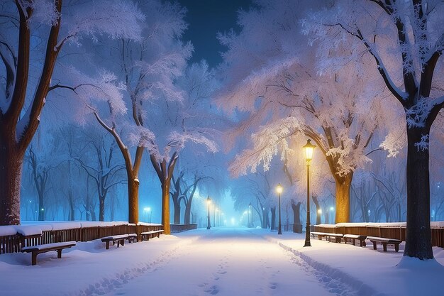 Paisaje nocturno de invierno en el callejón del parque de la ciudad