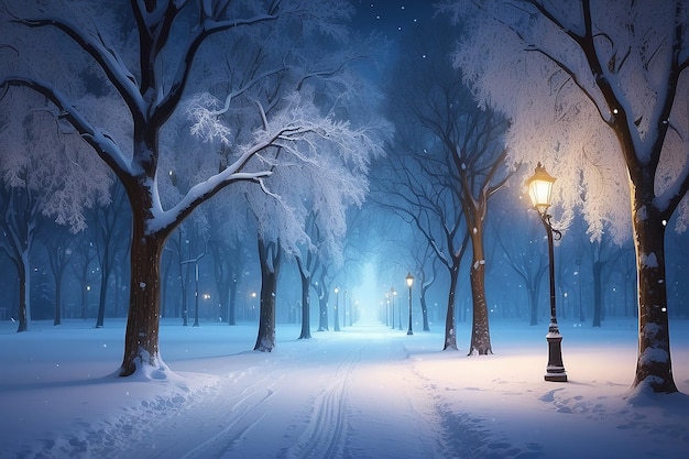 Paisaje nocturno de invierno en el callejón del parque de la ciudad