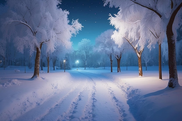 Paisaje nocturno de invierno en el callejón del parque de la ciudad