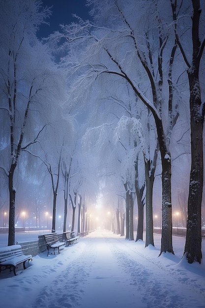 Paisaje nocturno de invierno en el callejón del parque de la ciudad