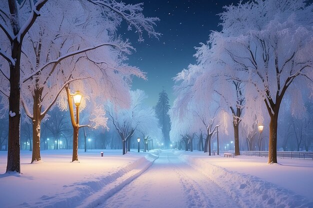 Paisaje nocturno de invierno en el callejón del parque de la ciudad