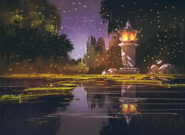 paisaje nocturno con linterna de piedra, pintura de ilustración