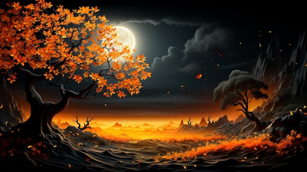 paisaje nocturno con luna llena y árboles