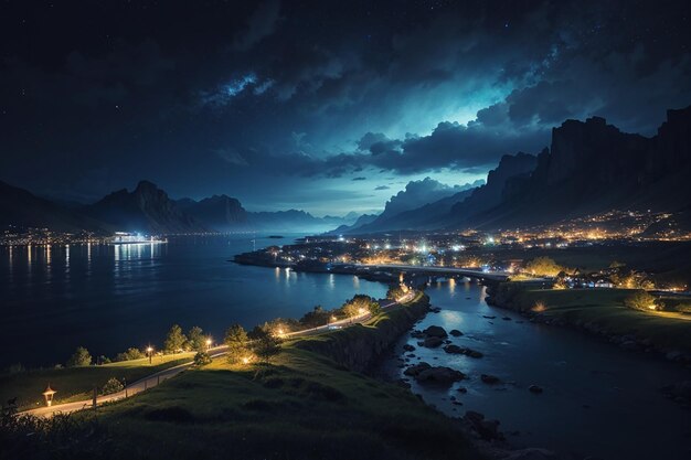 un paisaje nocturno mágico con luces brillantes