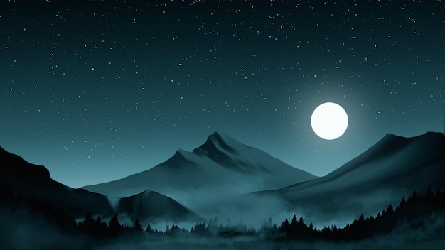 Foto paisaje nocturno de montaña con ilustración de bosque de pinos brumoso