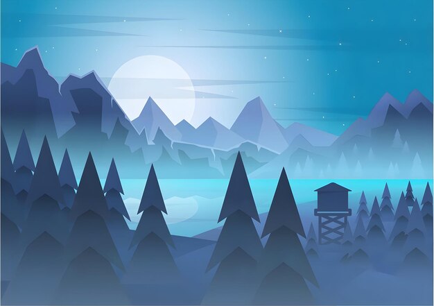 Paisaje nocturno con montañas, luna y árboles