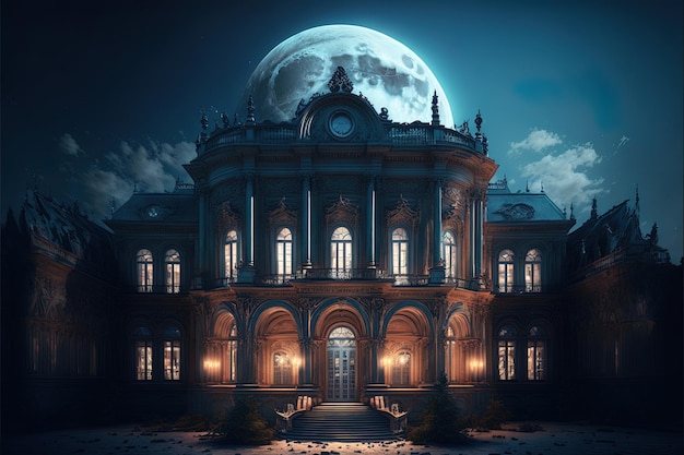 Paisaje nocturno con un palacio Gran luna luz de neón Arquitectura antigua AI