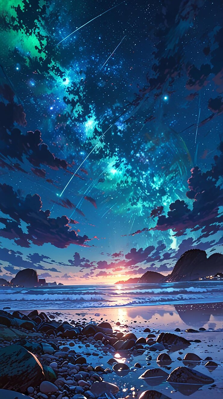 El paisaje nocturno de la playa estrellada inspirado en el anime Escena soñadora del océano