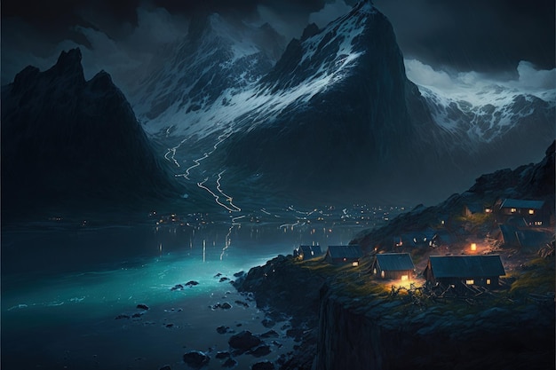Paisaje nocturno de un pueblo vikingo con río de montañas y casas rústicas IA generativa