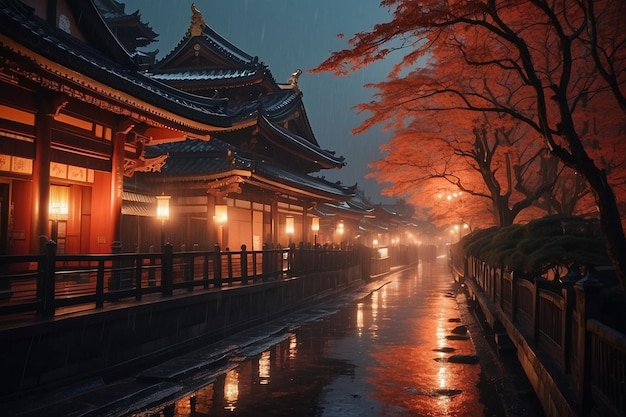 Foto paisaje nocturno con un templo chino cerca de la orilla del río