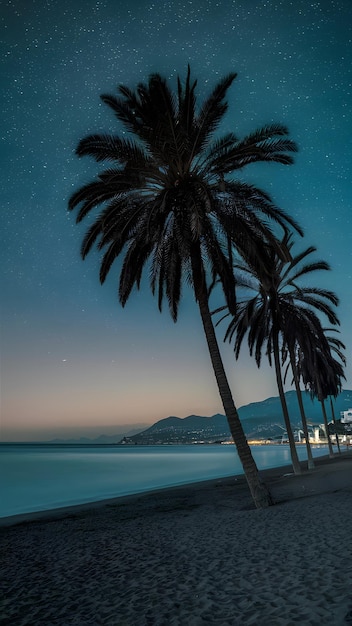 Paisaje nocturno tranquilo con palmeras en la playa de Tenerife, España