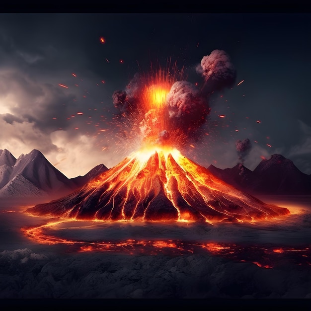 Paisaje nocturno con volcán y lava ardiente Erupción volcánica paisaje de fantasía Ilustración 3D