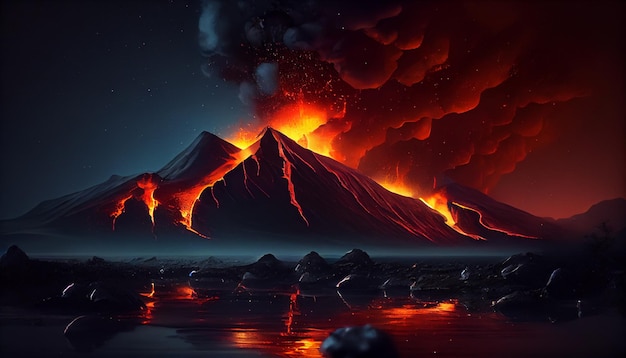 Paisaje nocturno del volcán con lava ardiente y nubes de humo