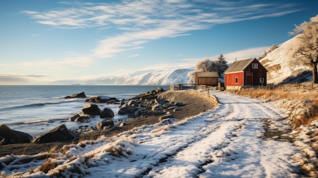 Paisaje noruego con antiguos graneros de secoyas en la costa del mar