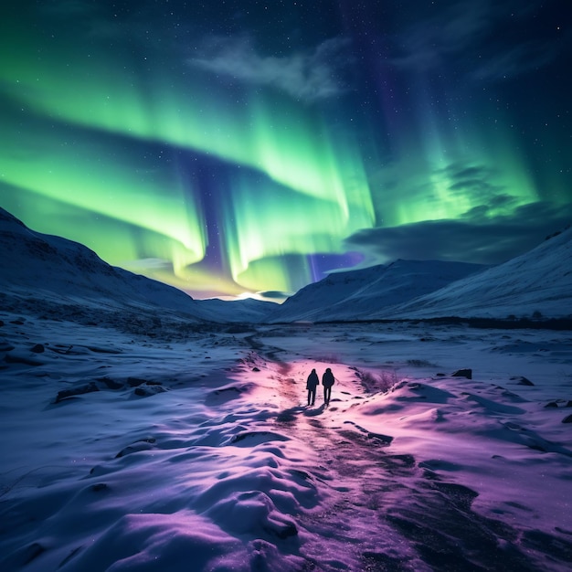 Foto paisaje noruego con aurora boreal dos excursionistas