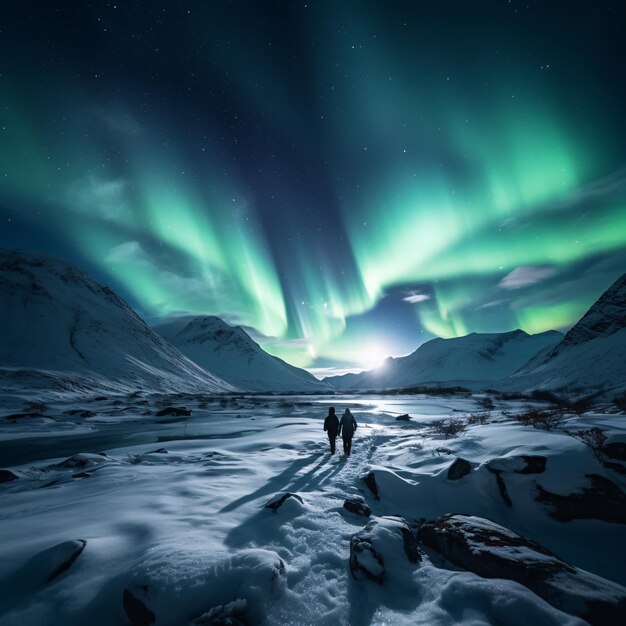 Paisaje noruego con aurora boreal dos excursionistas