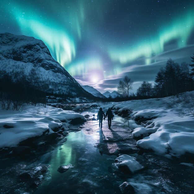 Foto paisaje noruego con aurora boreal dos excursionistas