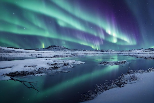 Paisaje noruego con hermosas auroras boreales