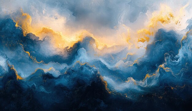 Paisaje de nubes abstractas en azul y dorado