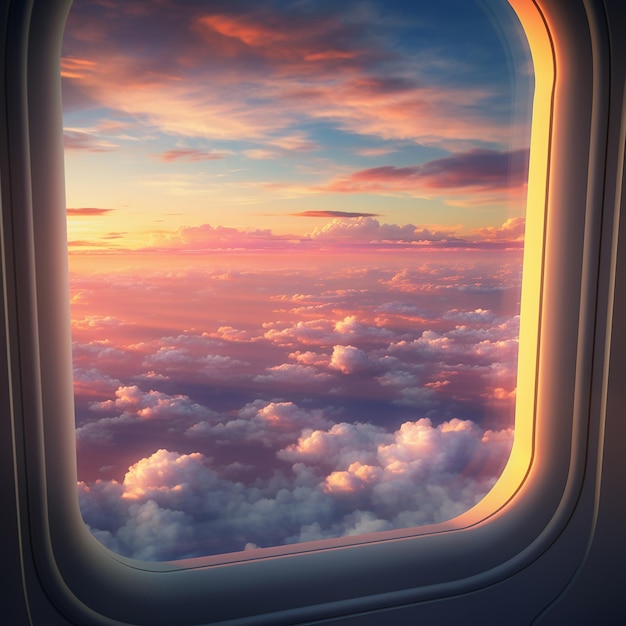 Paisaje de nubes al atardecer desde la ventana de un avión