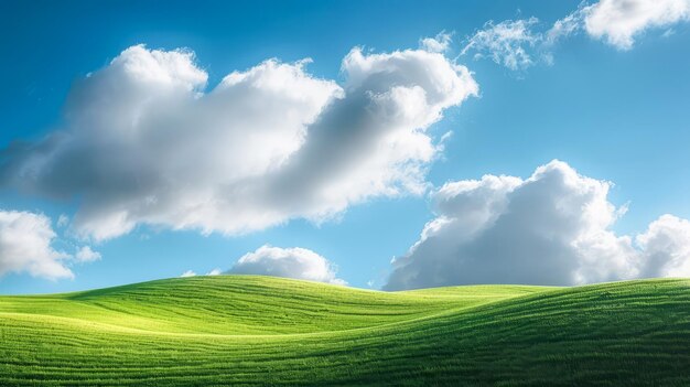 Paisaje con nubes descansando en una ladera verde a la luz del sol generada por la IA