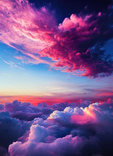 Un paisaje de nubes impresionante al atardecer, hermosas nubes en tonos de rosa y azul, generadas por la IA.