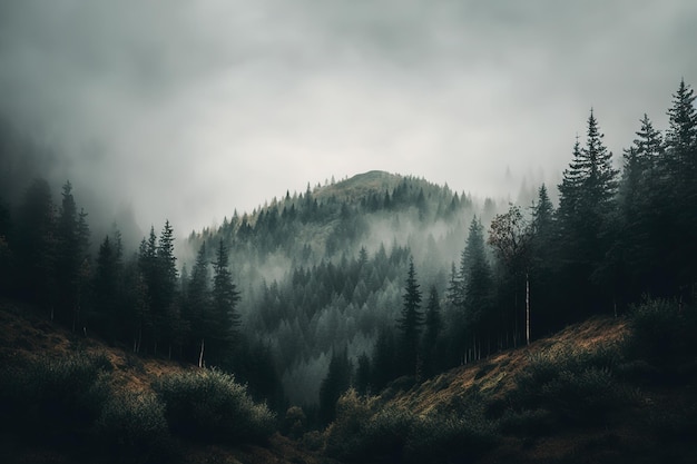 Paisaje nublado del mediodía mostrado verticalmente con colinas cubiertas de bosque y niebla